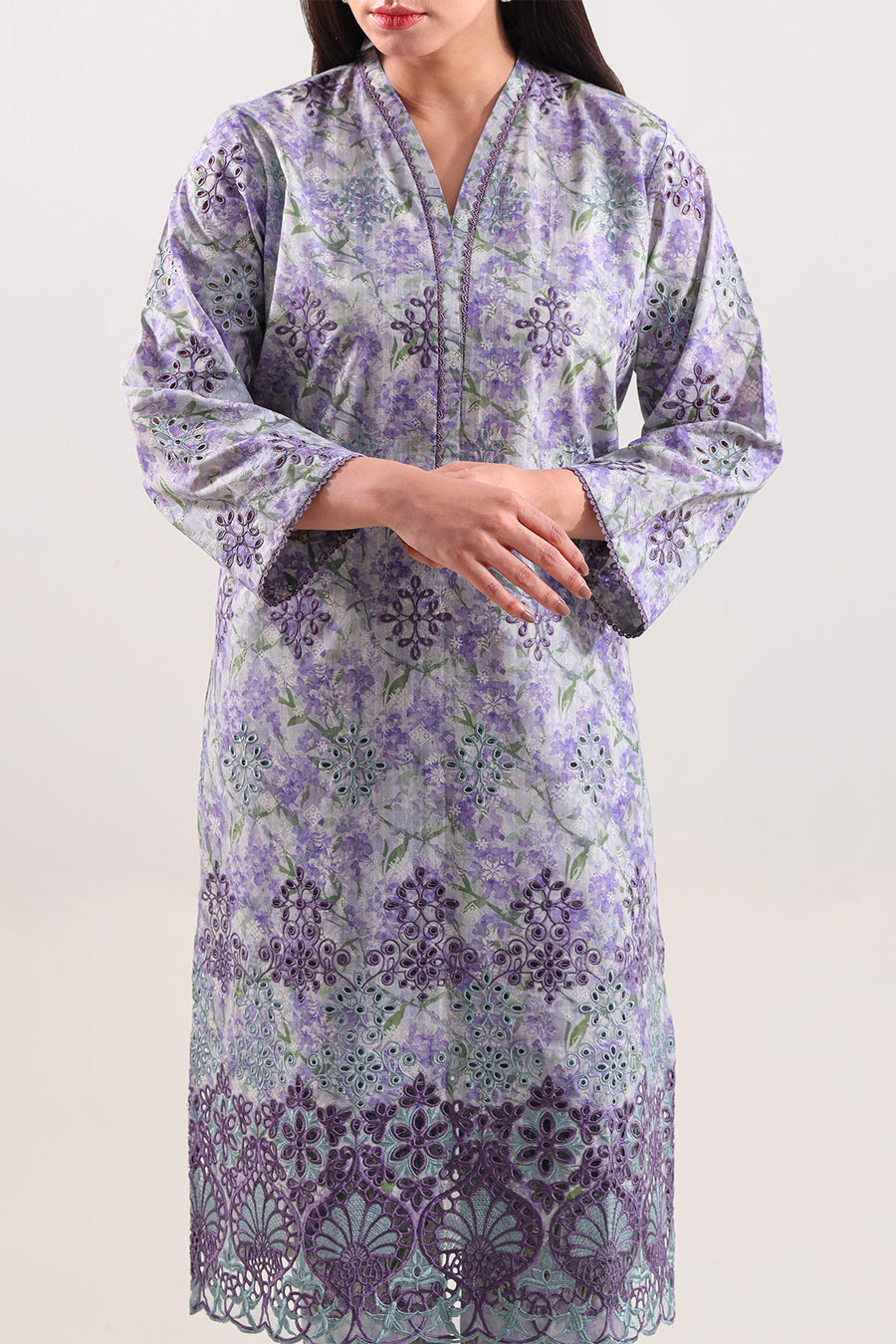 Printed Embroidered Self Strip Lawn Stitched 2 Piece (Shirt/Trouser) - Pehnaawaa