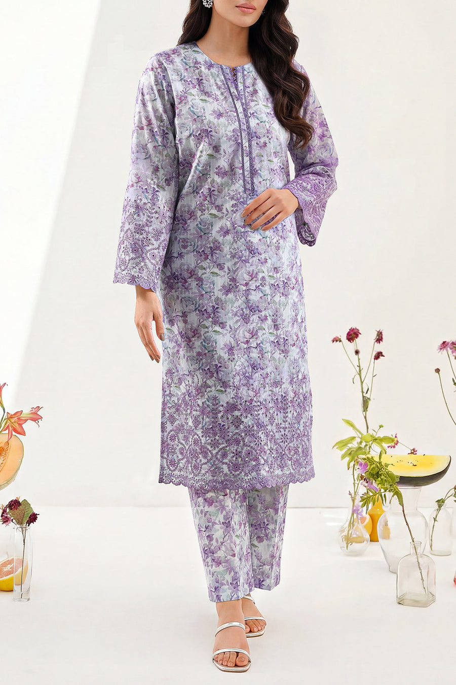 Printed Embroidered Self Strip Lawn Stitched 2 Piece (Shirt/Trouser) - Pehnaawaa