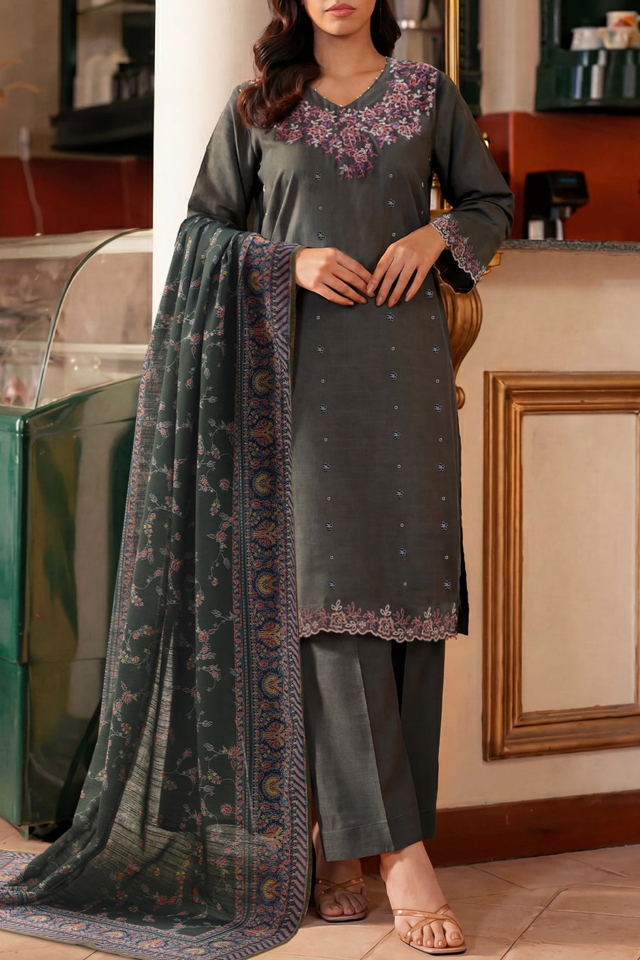 Solid Embroidered Khaddar Stitched 3 Piece - Pehnaawaa