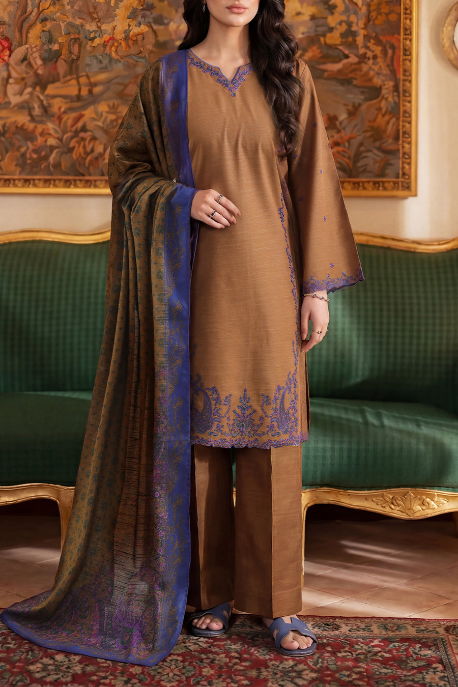 Solid Embroidered Khaddar Stitched 3 Piece - Pehnaawaa