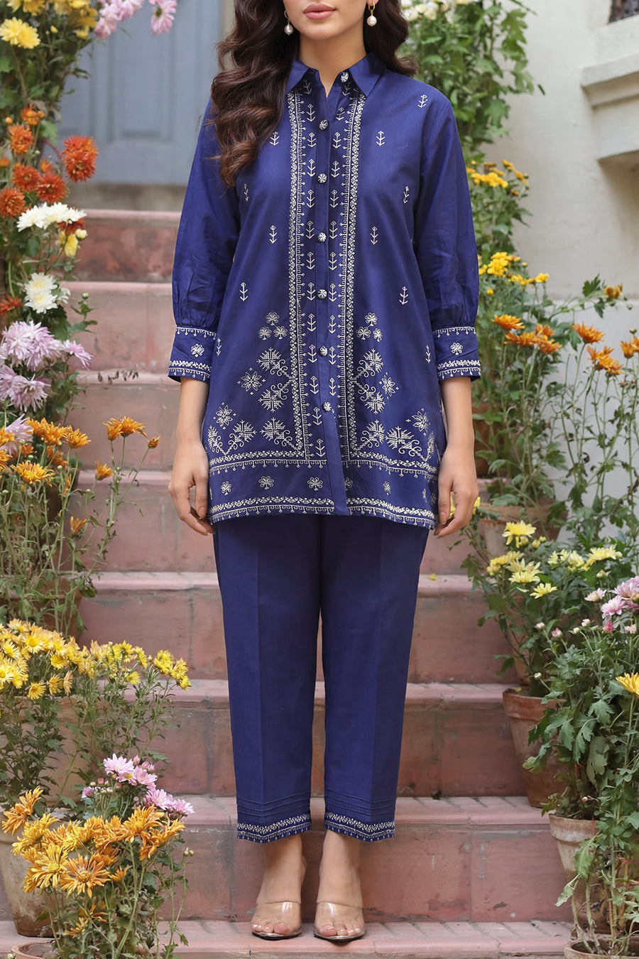 Solid Embroidered Poplin Stitched 2 piece (Shirt/Trouser) - Pehnaawaa