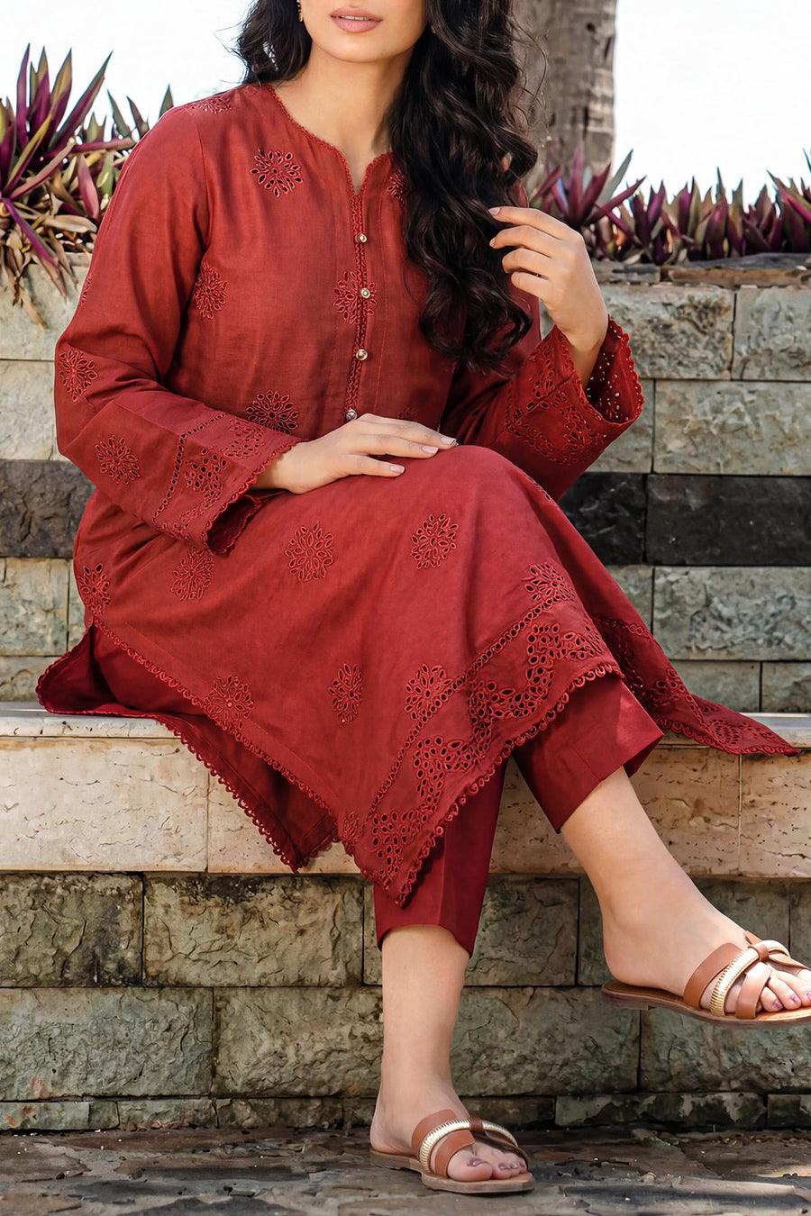 Solid Embroidered Korean Silk Stitched 2 Piece (Shirt/Trouser) - Pehnaawaa