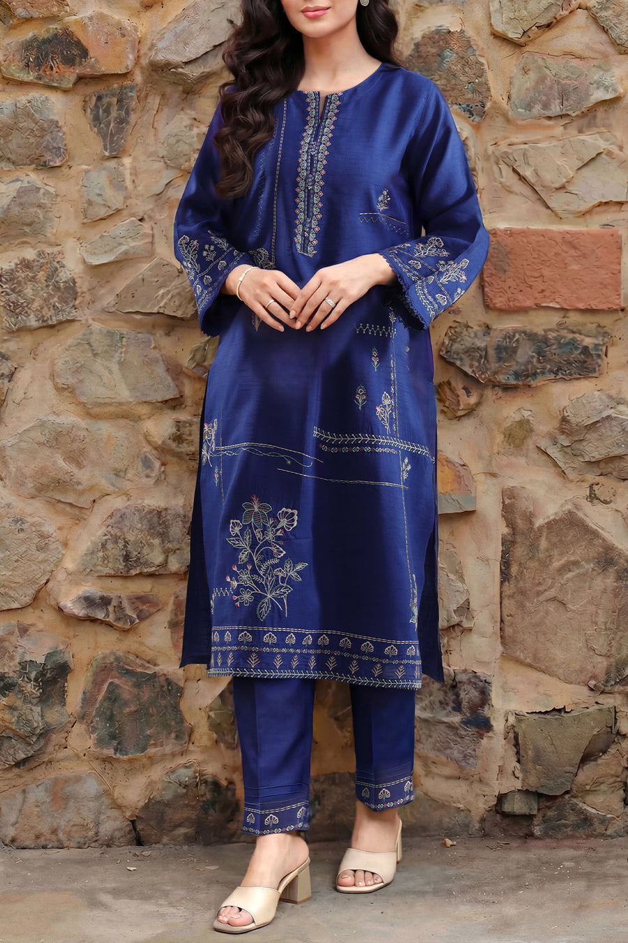 Solid Embroidered Korean Raw Silk Stitched (Shirt/Trouser) - Pehnaawaa