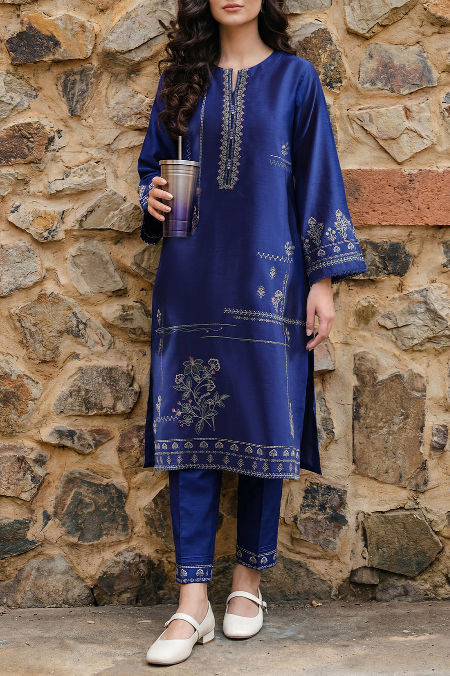 Solid Embroidered Korean Raw Silk Stitched (Shirt/Trouser) - Pehnaawaa