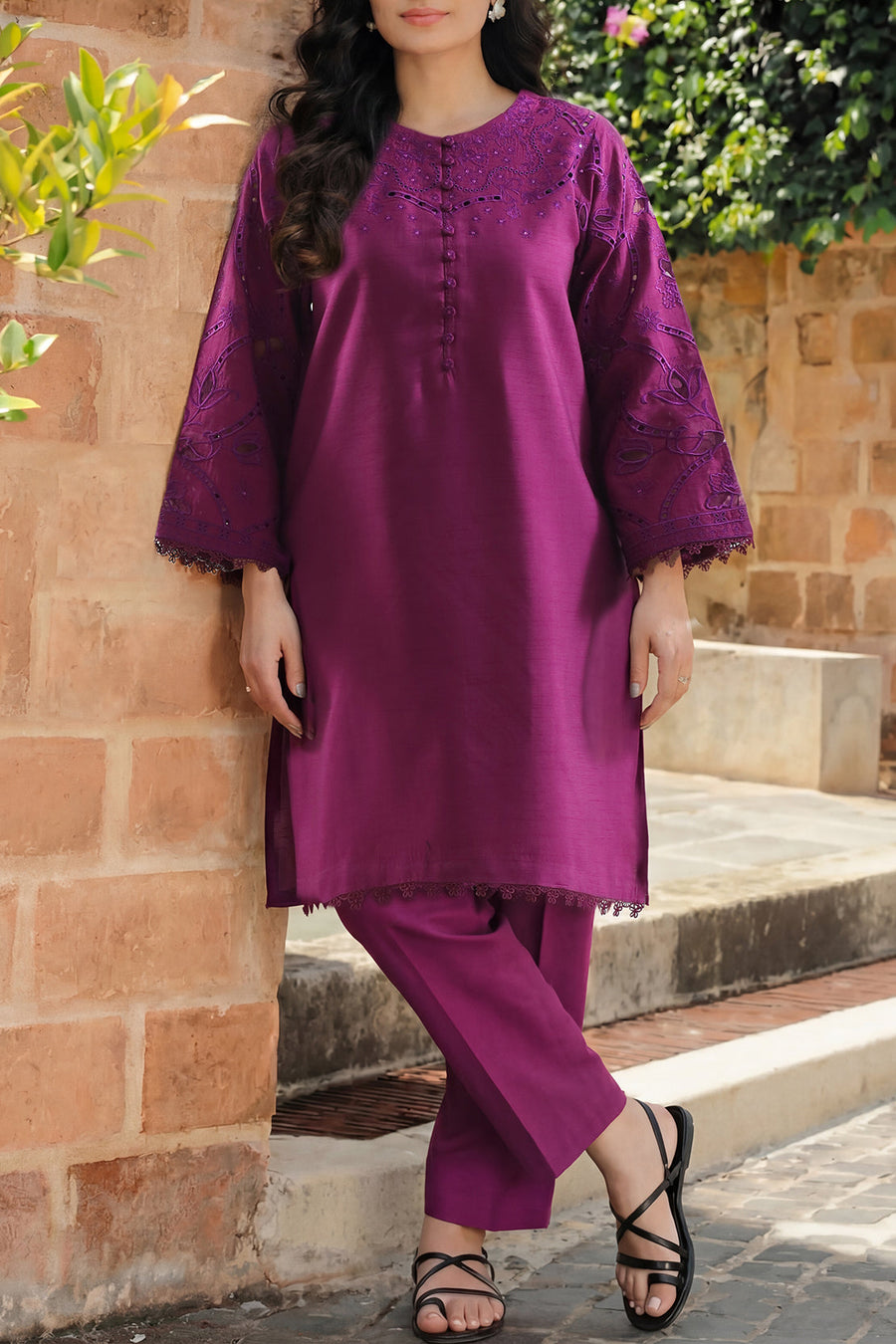 Solid Embroidered Korean Silk Stitched 2 Piece (Shirt/Trouser) - Pehnaawaa