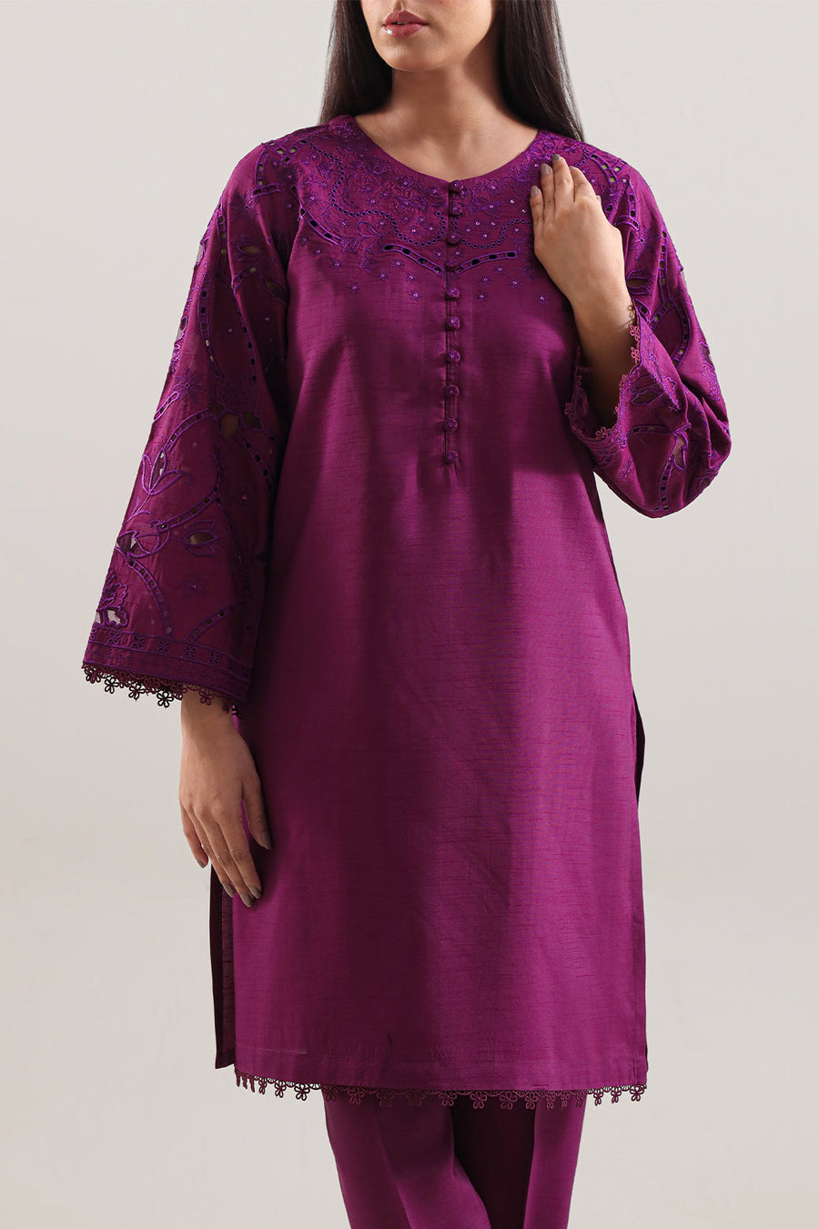 Solid Embroidered Korean Silk Stitched 2 Piece (Shirt/Trouser) - Pehnaawaa