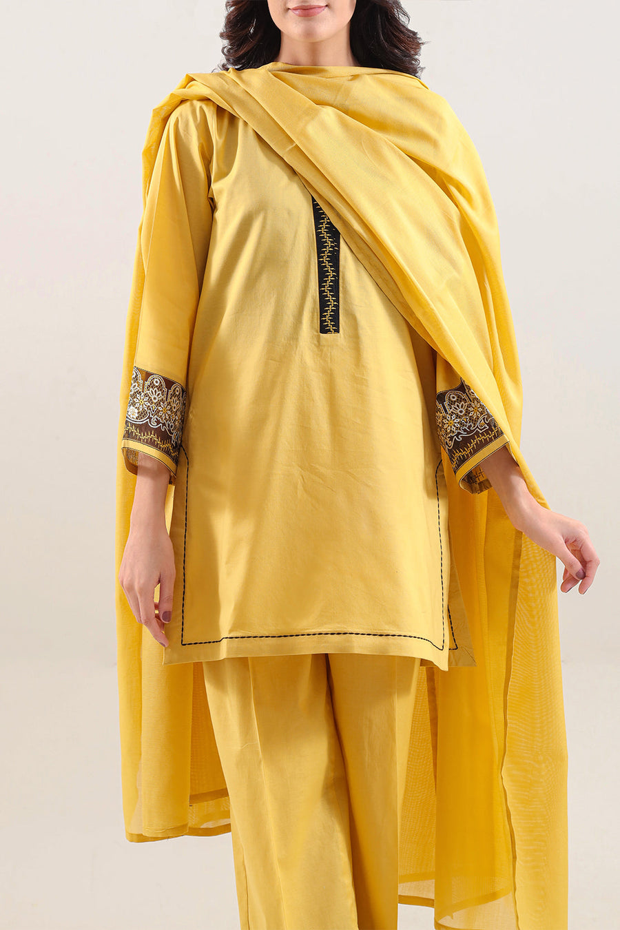Solid Embroidered Cotton Stitched 3 Piece - Pehnaawaa