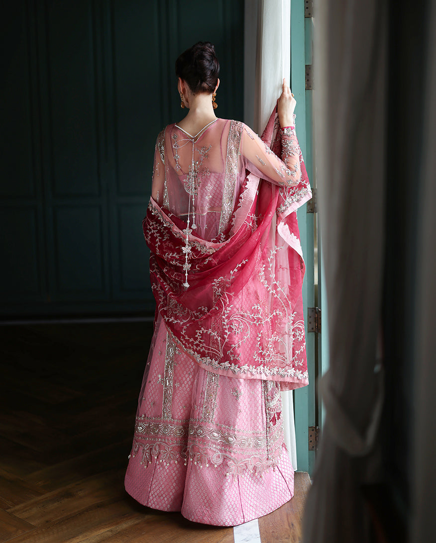 Back view of a woman holding deep rose embroidered dupatta draped over shoulders, showing detailed embroidery and net fabric