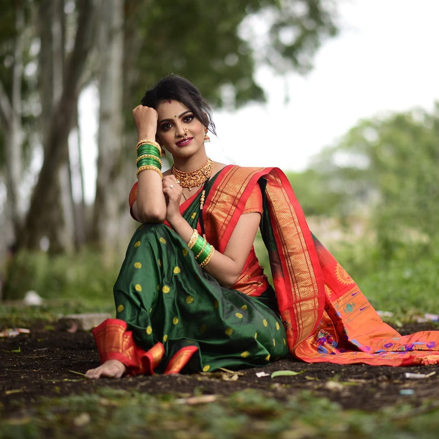 Glorious Green Paithani Silk Saree With Ethnic Blouse Piece - Pehnaawaa