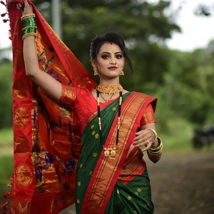Glorious Green Paithani Silk Saree With Ethnic Blouse Piece - Pehnaawaa