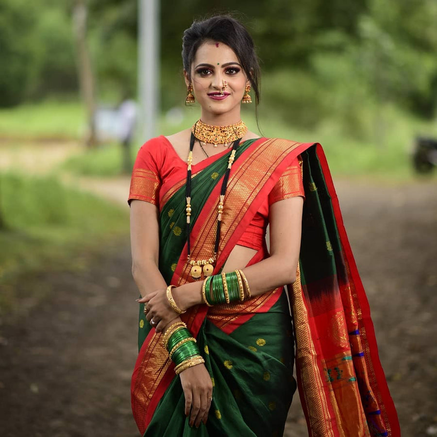 Glorious Green Paithani Silk Saree With Ethnic Blouse Piece - Pehnaawaa