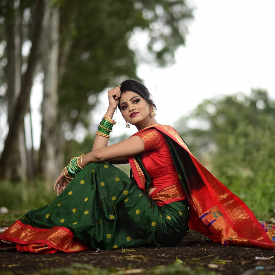 Glorious Green Paithani Silk Saree With Ethnic Blouse Piece - Pehnaawaa