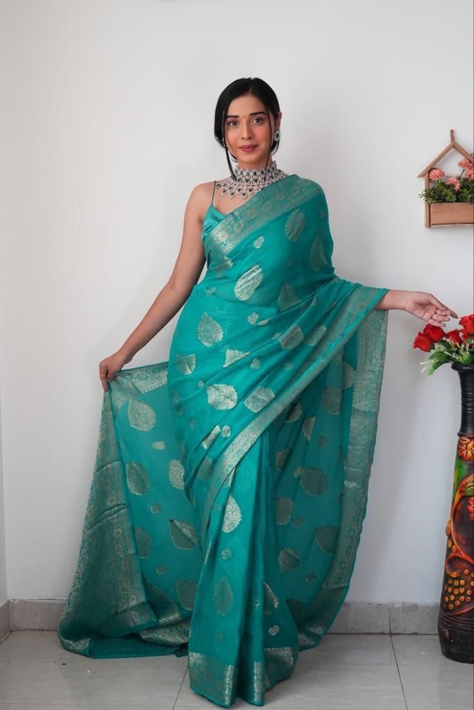 Mellifluous 1-Minute Ready To Wear Sea Green Soft Silk Saree