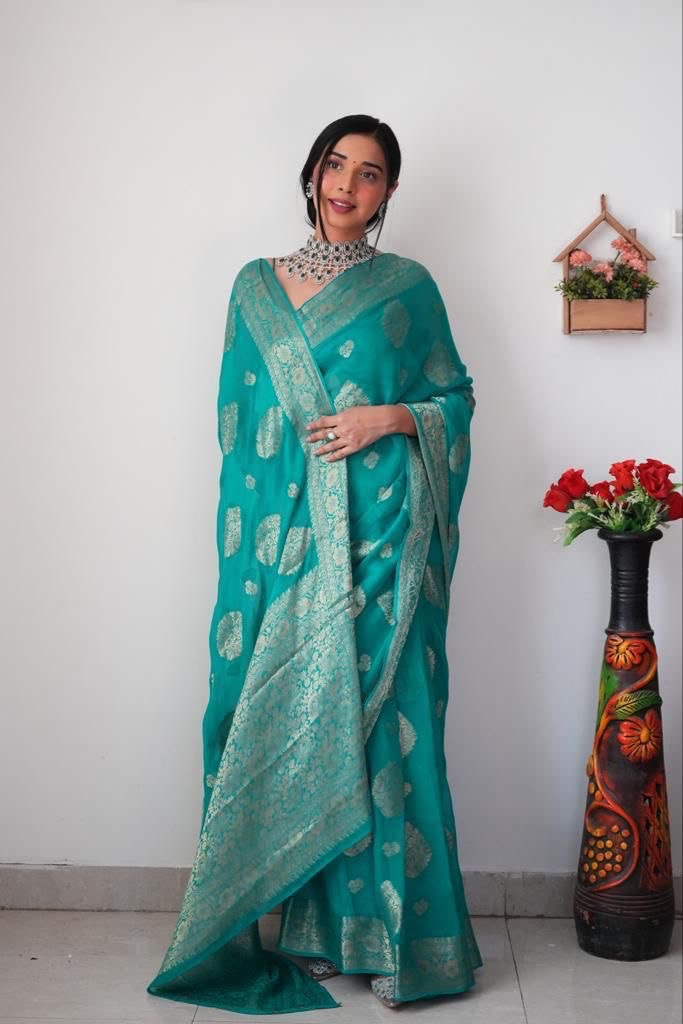 Mellifluous 1-Minute Ready To Wear Sea Green Soft Silk Saree
