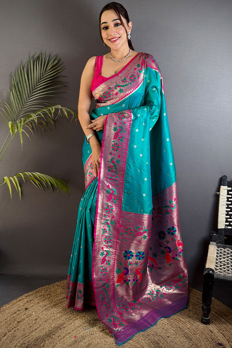 Fantabulous Firozi Paithani Silk Saree With Artistic Blouse Piece - Pehnaawaa