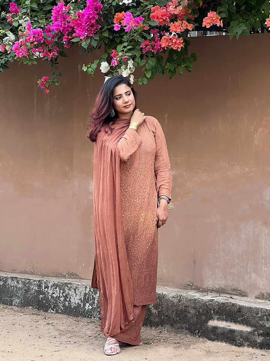 Sitara Chikankari Viscose Kurta Set with Dupatta - Brown