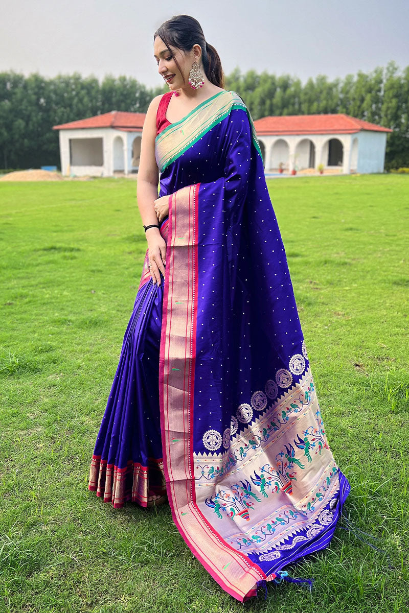 Incredible Royal Blue Paithani Silk Saree With Tempting Blouse Piece - Pehnaawaa