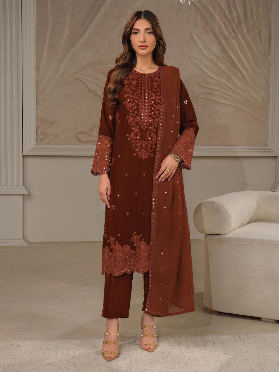 Rust Velvet 3-Piece Suit | Zardosi Embroidered - Pehnaawaa