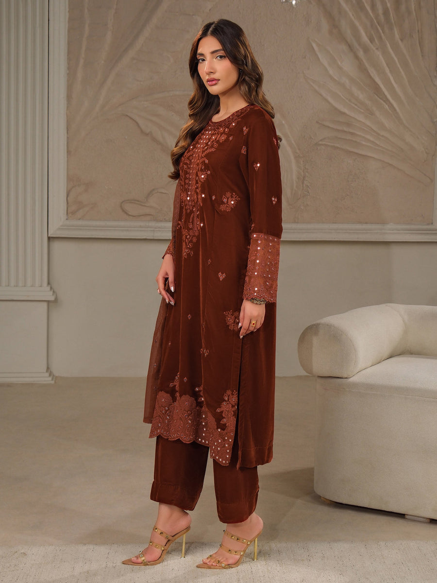 Rust Velvet 3-Piece Suit | Zardosi Embroidered - Pehnaawaa