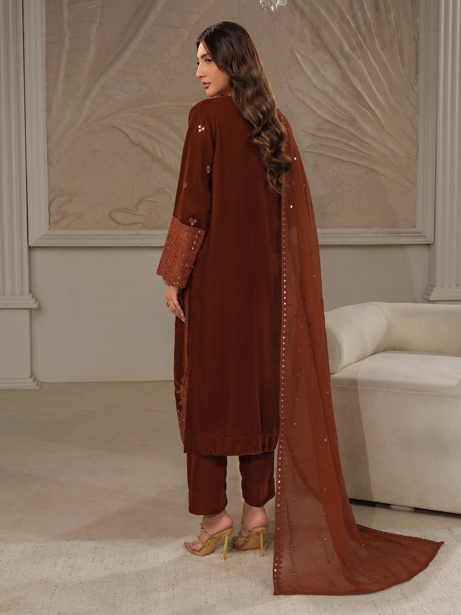 Rust Velvet 3-Piece Suit | Zardosi Embroidered - Pehnaawaa