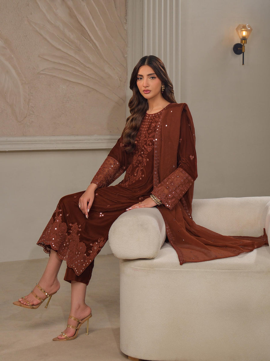 Rust Velvet 3-Piece Suit | Zardosi Embroidered - Pehnaawaa