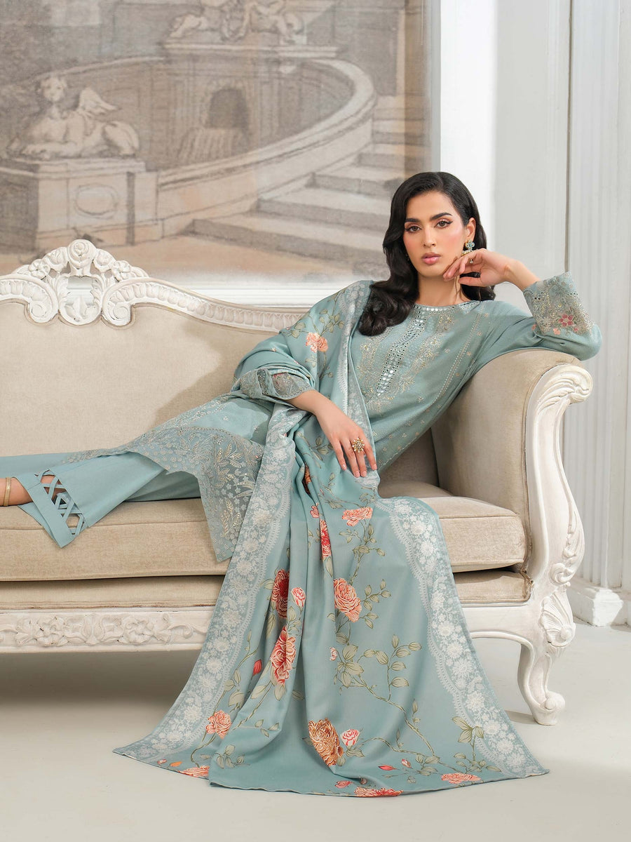 Sage Green Karandi 3-Piece Suit | Zari Embroidery