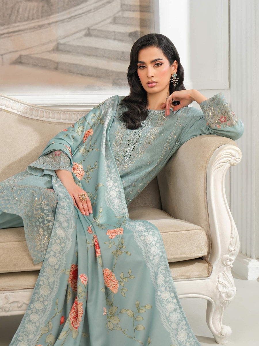 Sage Green Karandi 3-Piece Suit | Zari Embroidery