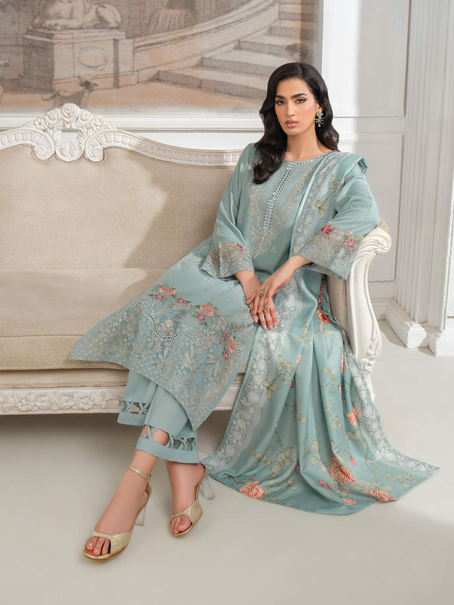 Sage Green Karandi 3-Piece Suit | Zari Embroidery