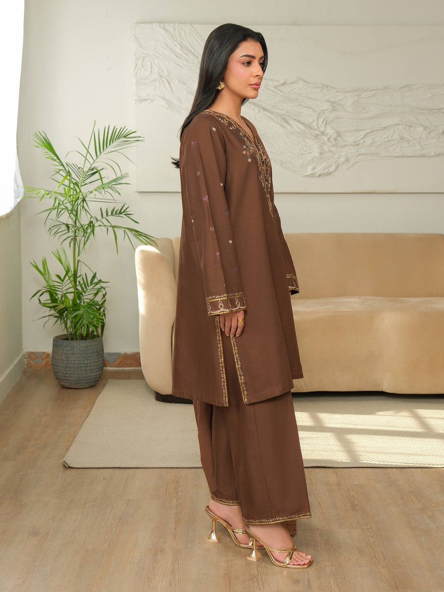 Chocolate Brown Khaddar 3-Piece Suit | Zardosi Neckline