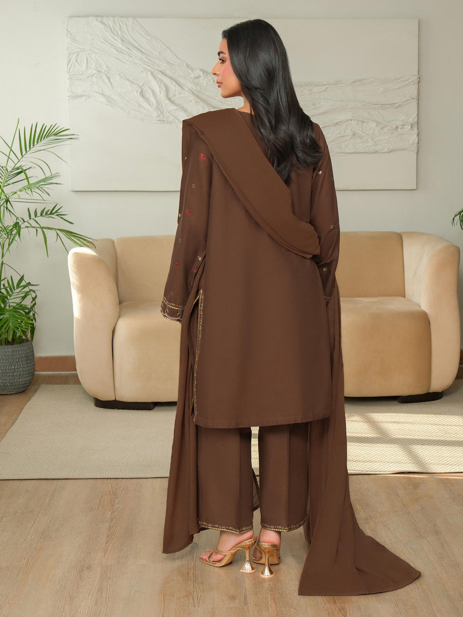 Chocolate Brown Khaddar 3-Piece Suit | Zardosi Neckline