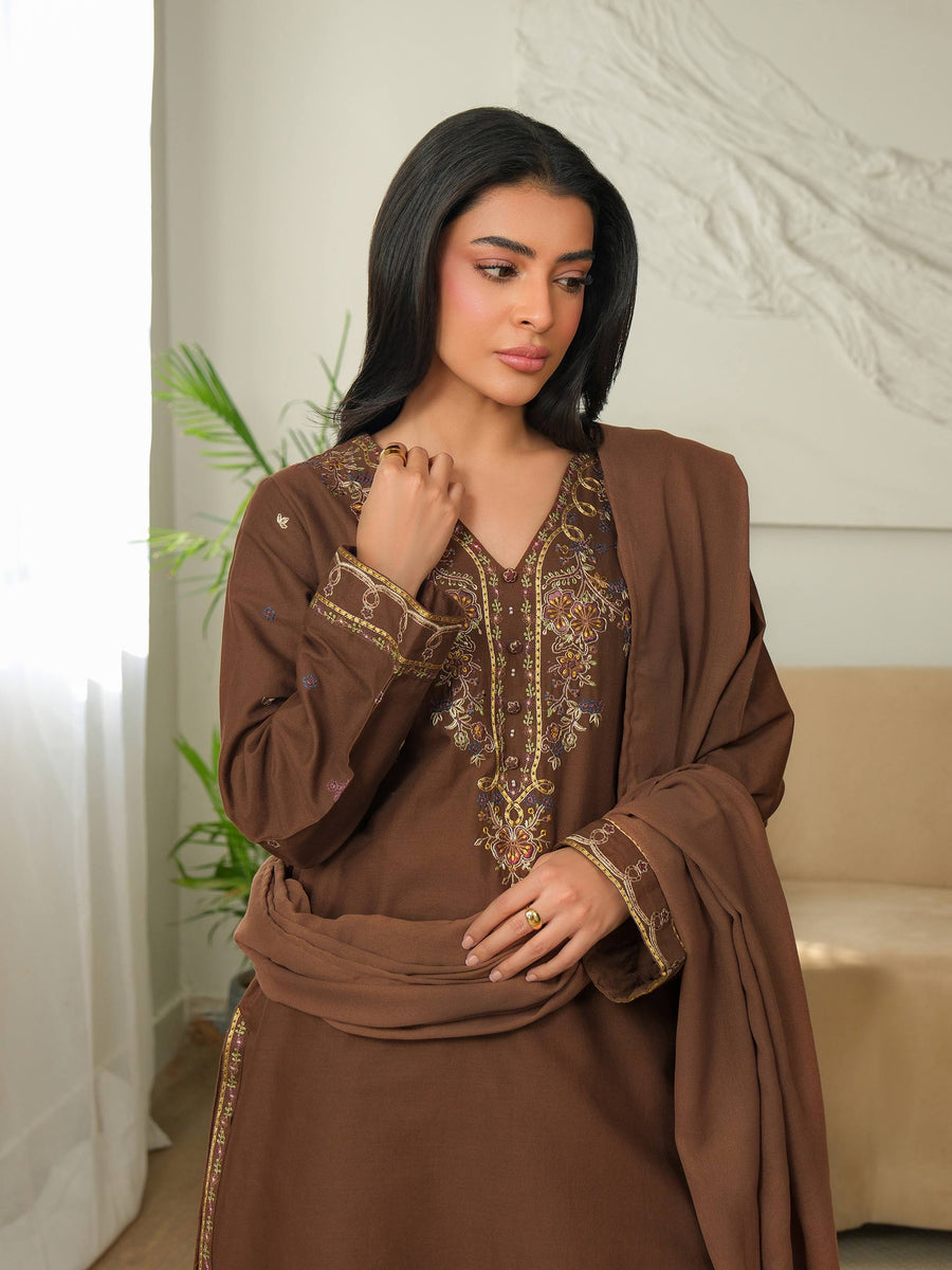 Chocolate Brown Khaddar 3-Piece Suit | Zardosi Neckline