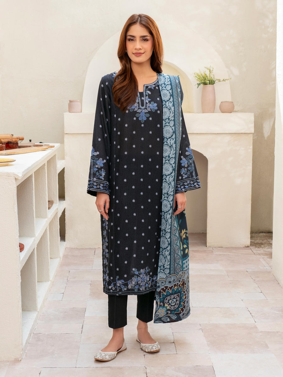Slate Blue Khaddar 3-Piece Suit | Resham Floral Embroidery
