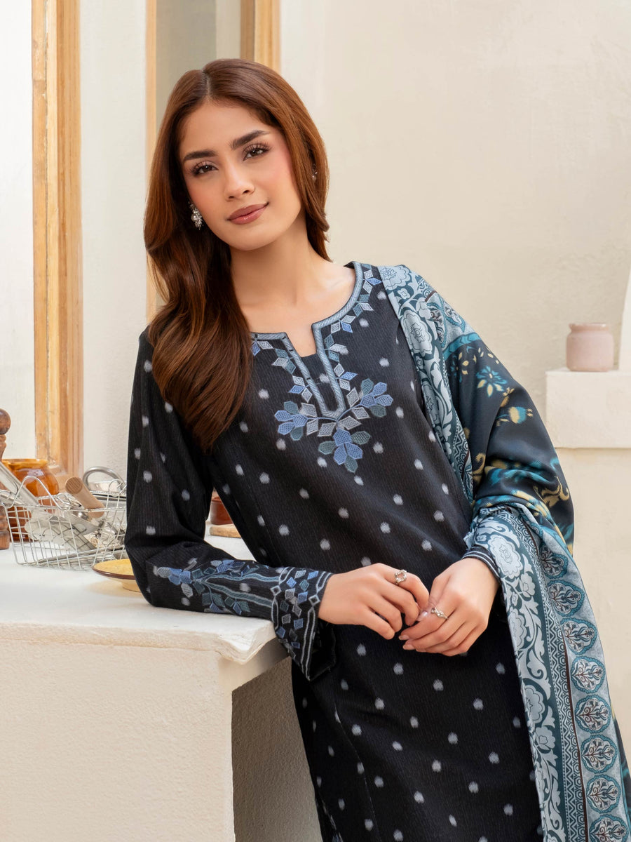 Slate Blue Khaddar 3-Piece Suit | Resham Floral Embroidery