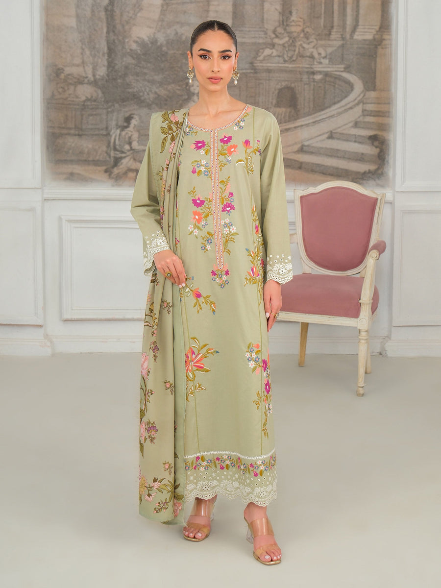 Sage Karandi 3-Piece Suit | Floral Embroidered Shirt