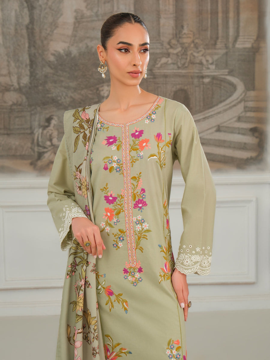 Sage Karandi 3-Piece Suit | Floral Embroidered Shirt