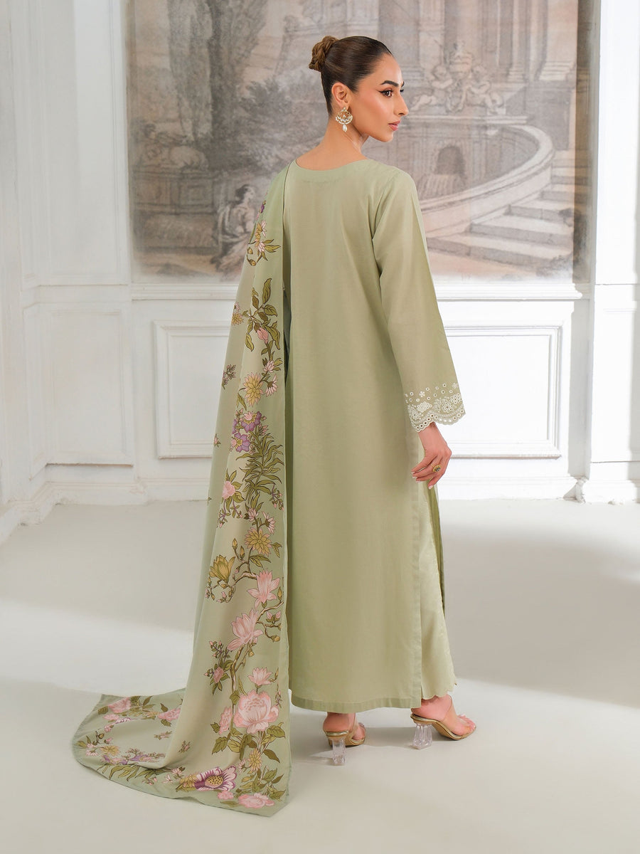 Sage Karandi 3-Piece Suit | Floral Embroidered Shirt