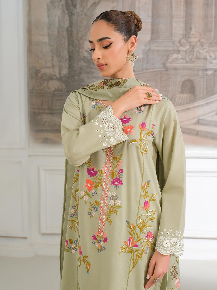 Sage Karandi 3-Piece Suit | Floral Embroidered Shirt