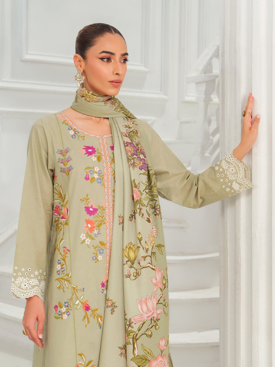 Sage Karandi 3-Piece Suit | Floral Embroidered Shirt