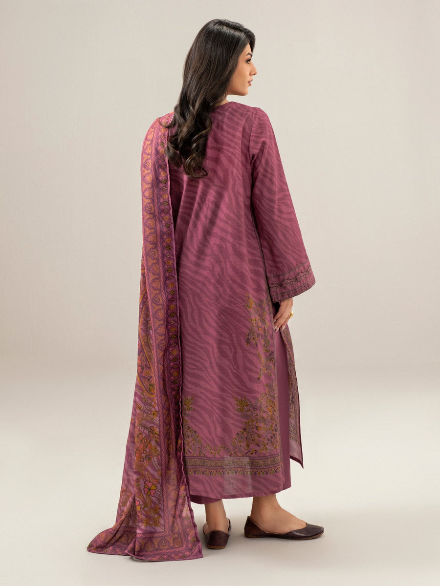 Mauve Slub Khaddar 3-Piece Suit | Resham Embroidery