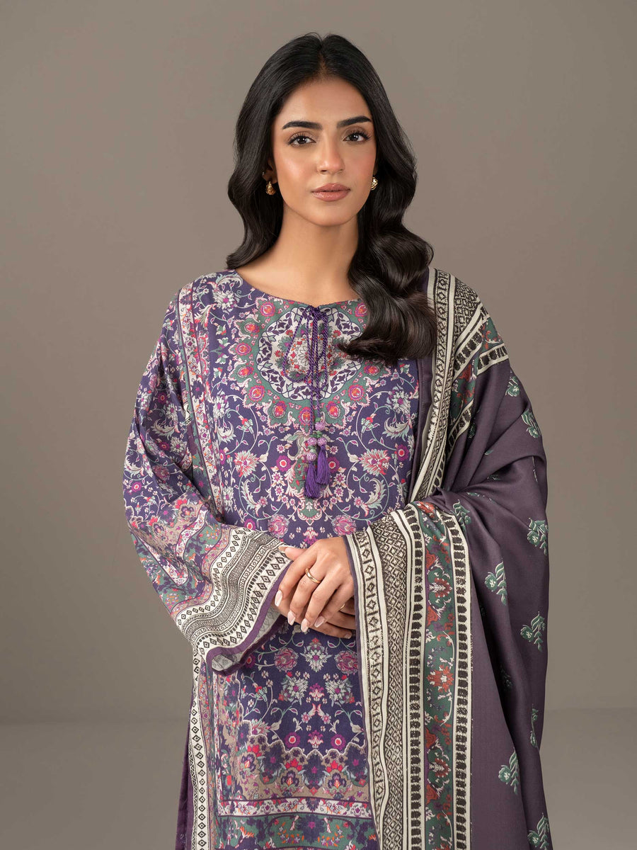 Plum Khaddar 3-Piece Suit | Floral Resham Embroidery