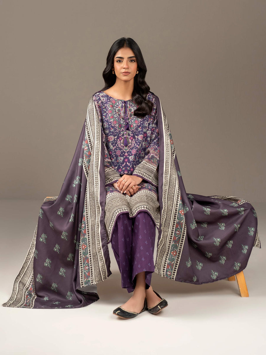 Plum Khaddar 3-Piece Suit | Floral Resham Embroidery