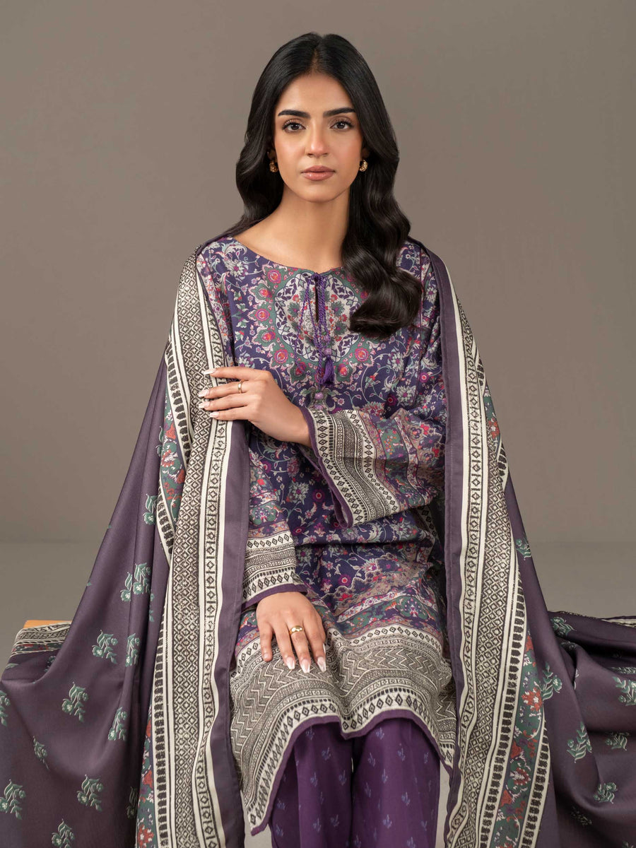 Plum Khaddar 3-Piece Suit | Floral Resham Embroidery