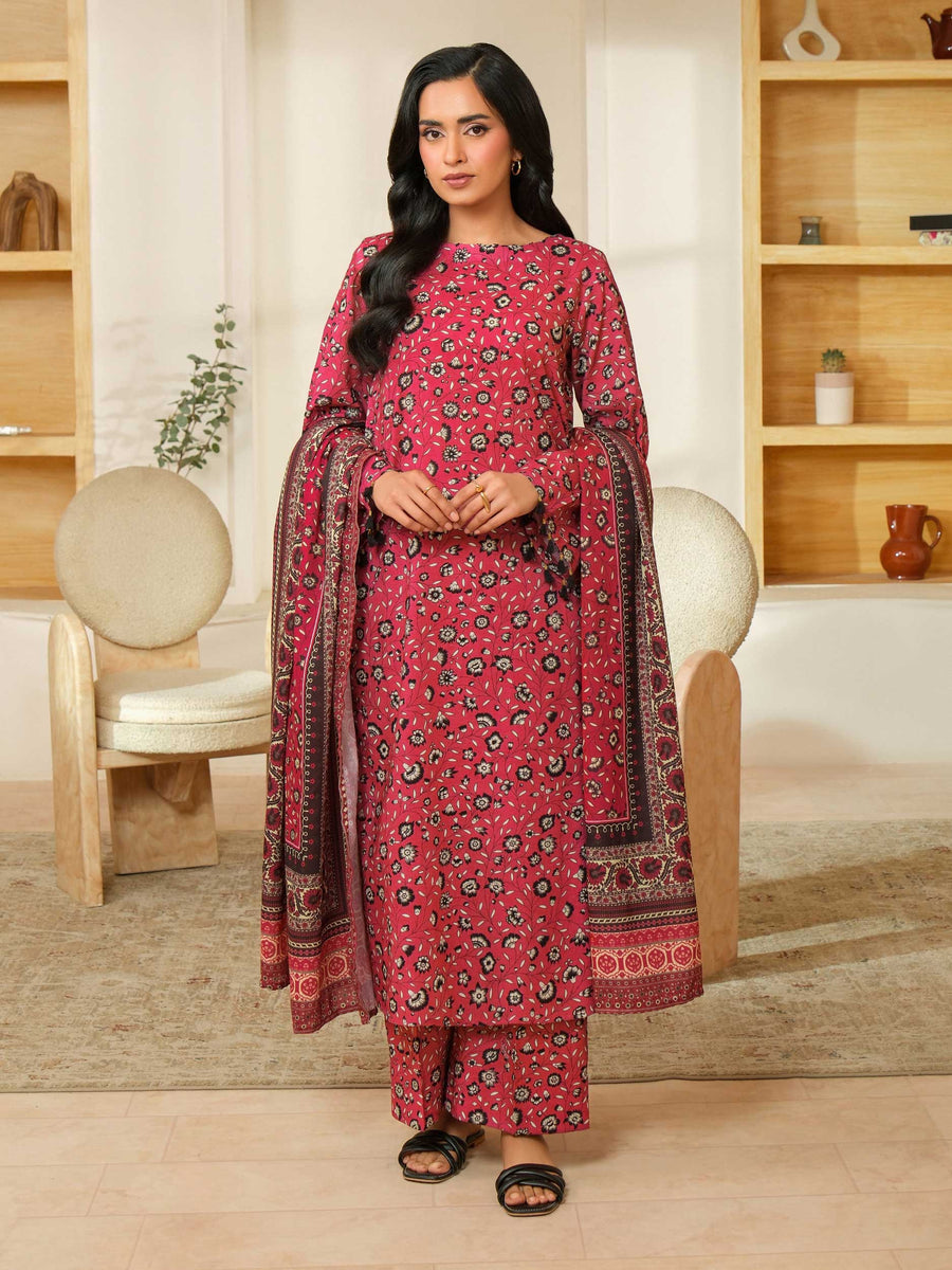 Maroon Khaddar 3-Piece Suit | Floral Motif