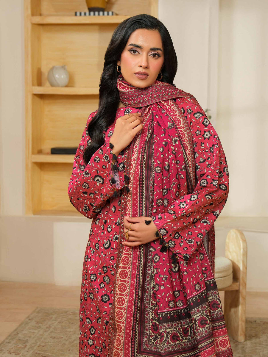 Maroon Khaddar 3-Piece Suit | Floral Motif