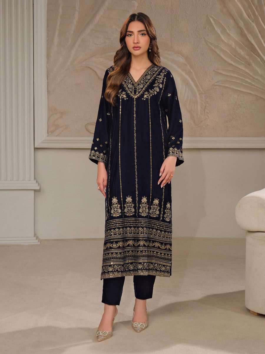 Midnight Navy Velvet 2-Piece Suit | Zardosi Embroidery - Pehnaawaa