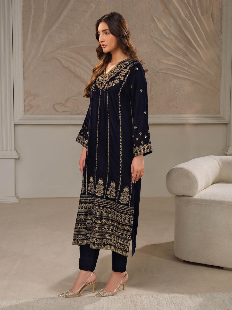 Midnight Navy Velvet 2-Piece Suit | Zardosi Embroidery - Pehnaawaa