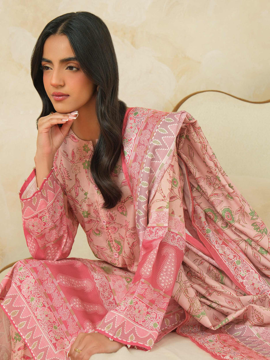 Tea Pink Khaddar 3-Piece Suit | Floral Resham Embroidery