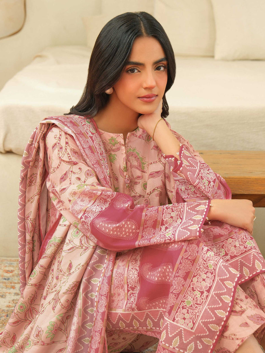 Tea Pink Khaddar 3-Piece Suit | Floral Resham Embroidery