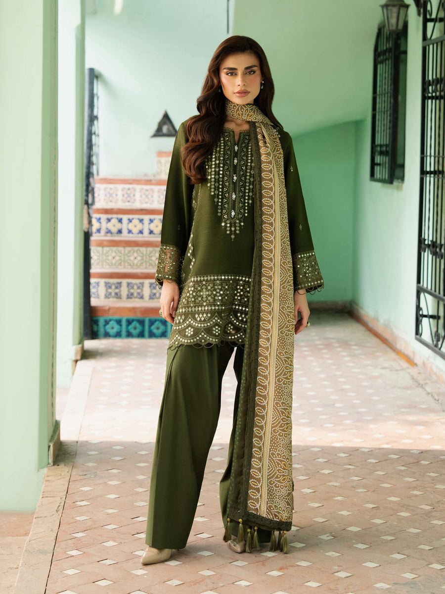Sage Green Karandi 3-Piece Suit | Zardosi Neckline