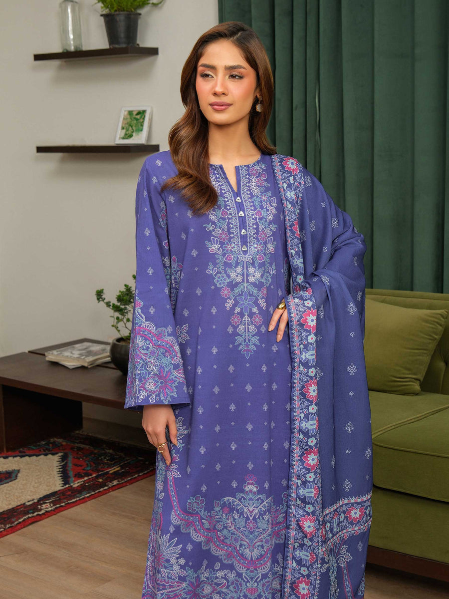 Plum Khaddar 3-Piece Suit | Resham Floral Border